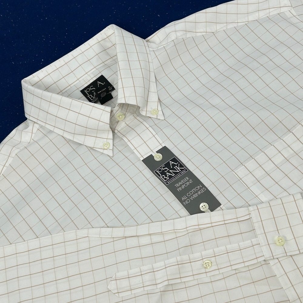 Jos. A. Bank Traveler Pinpoint Button Down Shirt Men 17.5 35 White Tan Check NEW